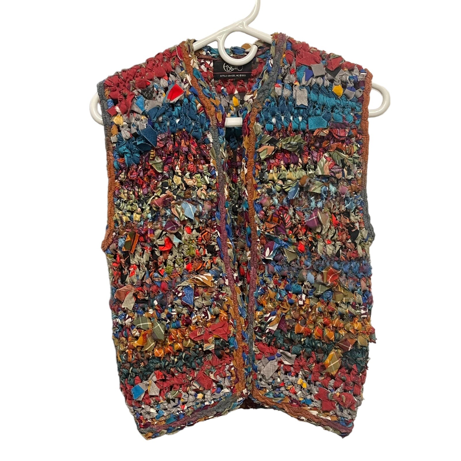 VTG 1983 Estelle Gracer Hippie Rag Rug Artisan Vest Multicolored Open Sz Medium