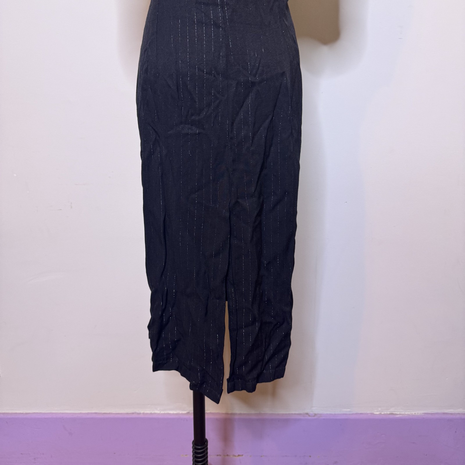 Vintage 80s 90s Black Pinstripe Mandarin Collar Frog Clasp Jacket Dress 18