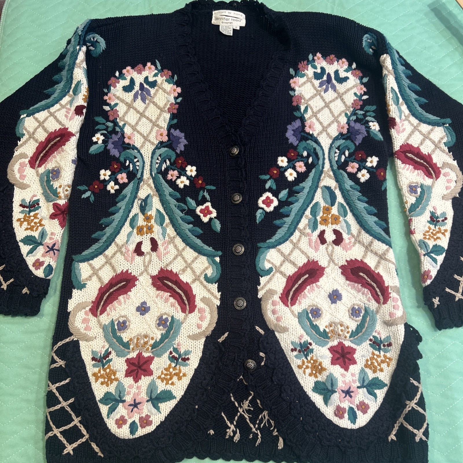 Vintage 90s Women’s Jennifer Reed Cardigan Sweater Long Navy Floral Sz Small GUC