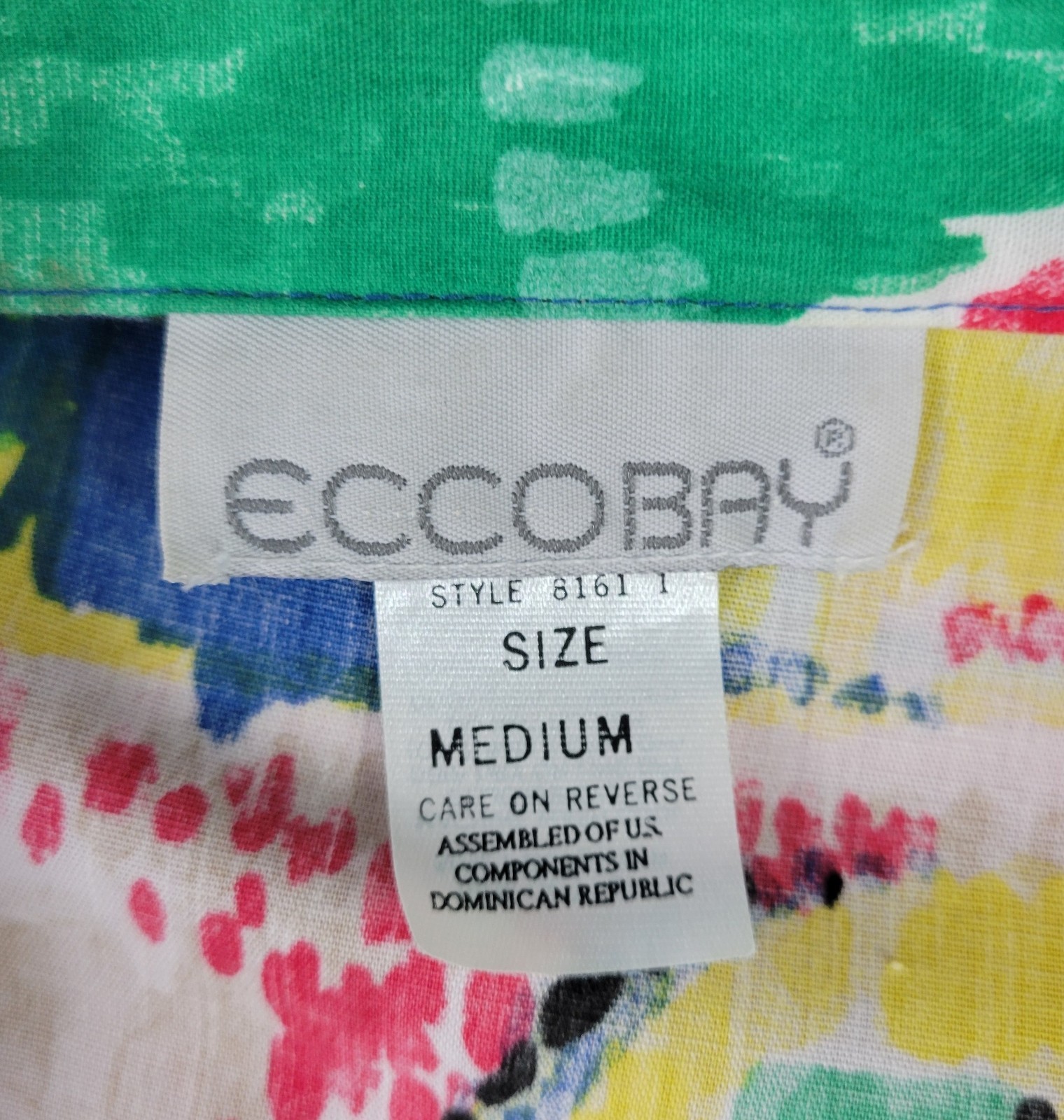 Vintage Ecco Bay Red/Yellow/Green/Blue/Tan S/S Button Down Top Size Med