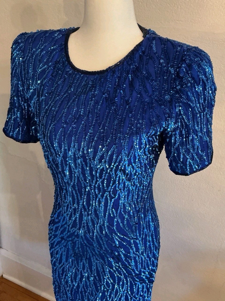 VTG Stenay Beaded Cocktail Dress Silk Sequin Royal Cobalt Blue Party 80s 4 S XS