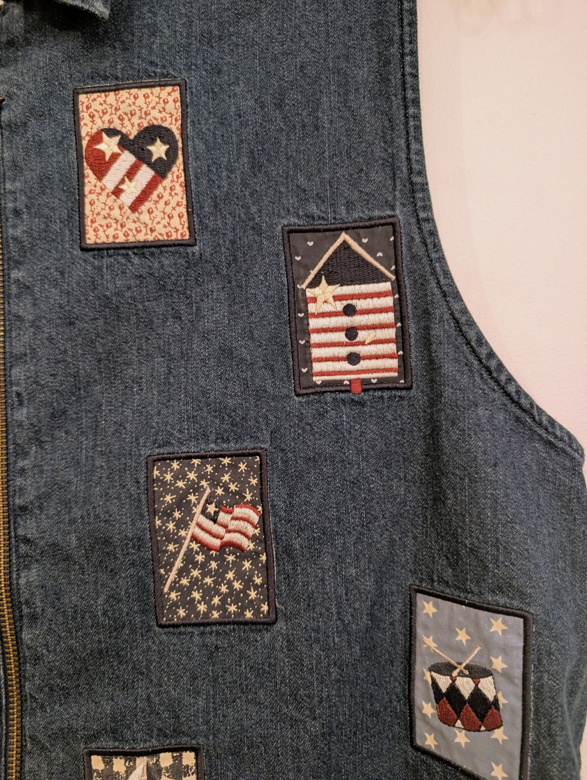 VTG 90s Christopher & Banks Denim Vest Sz XL Patriotic USA Flag Patch Cottage