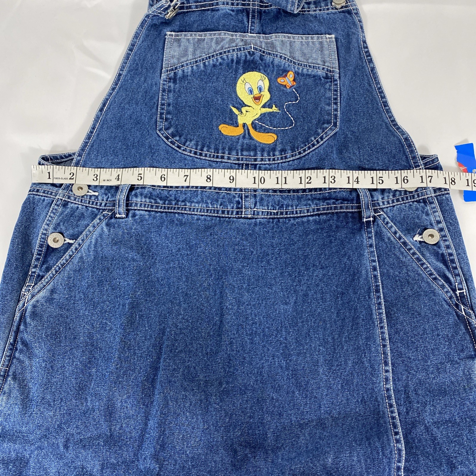 VTG Warner Bros Tweety Bird Bib Skortalls Women’s L Blue Denim Romper ’90s Y2K