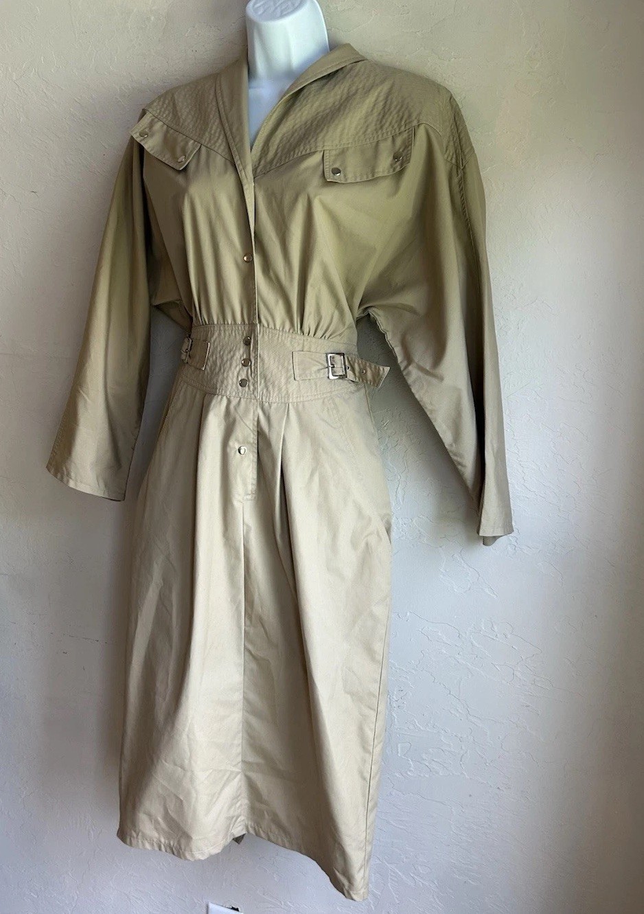 Vintage 80s Khaki Trench Midi Shirt Dress 10 Equestrian Old Money Minimalist