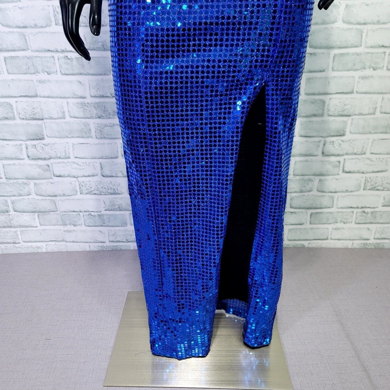 Vintage 90s L.A. Glo Blue Sequin Bodycon Maxi Dress Slit Evening Prom Sz 5/6 USA