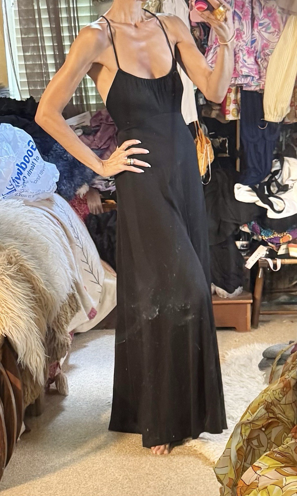 Vtg Black Jersey Maxi Dress Open Back Disco Studio 54 70s Strappy XS Goddess