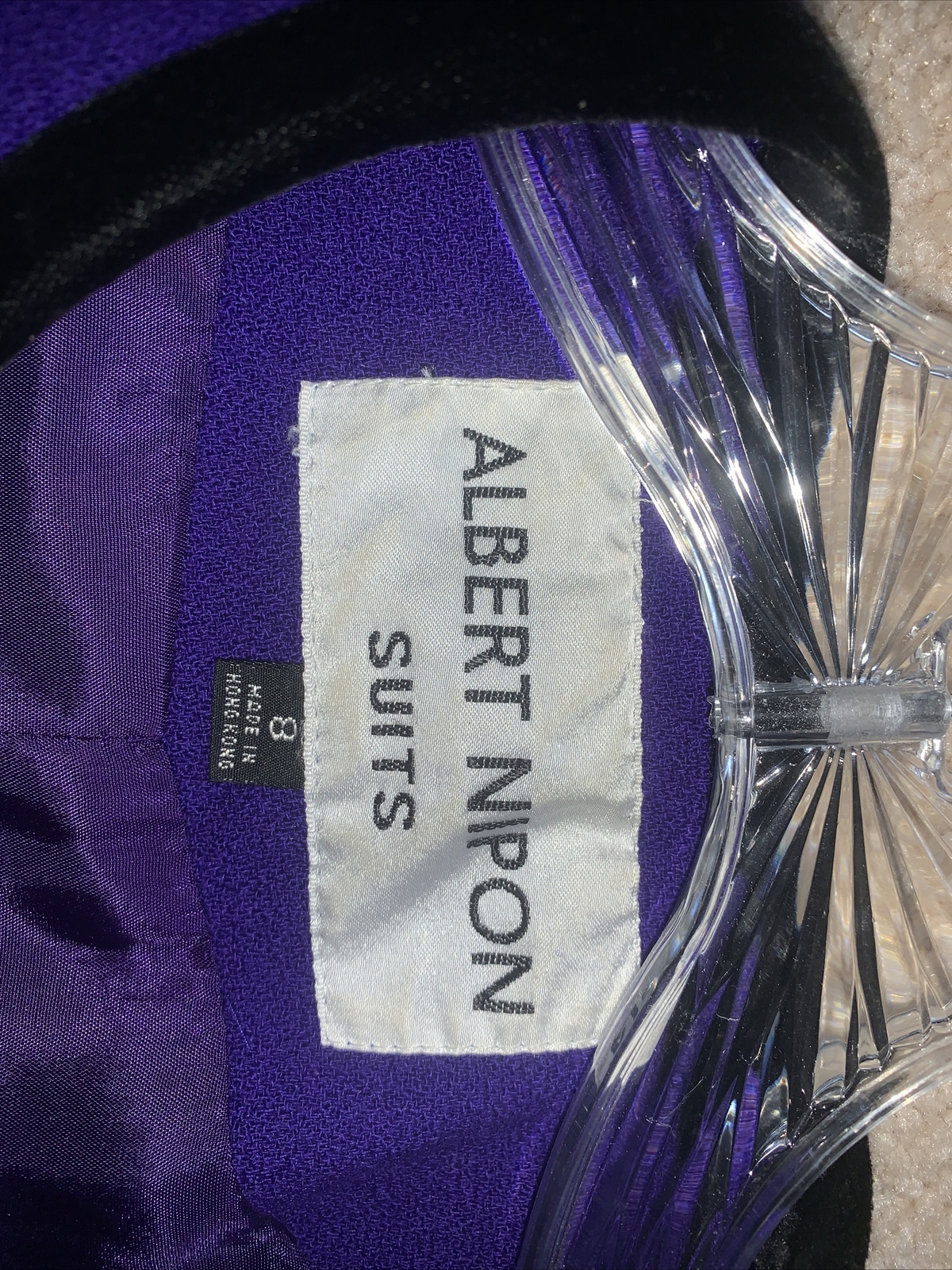 Albert Nipon Skirt Suit Women’s Size 8 Purple Wool Velvet Trim Bow Jacket Skirt
