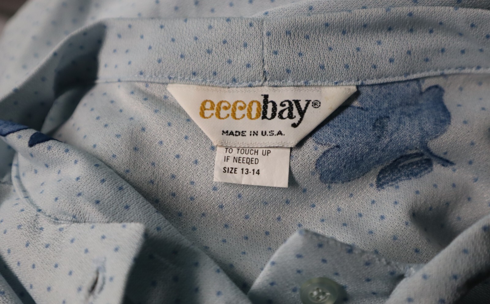 Vintage 1970s ECCOBAY long sleeve button up floral blue blouse size 13-14 (USA)