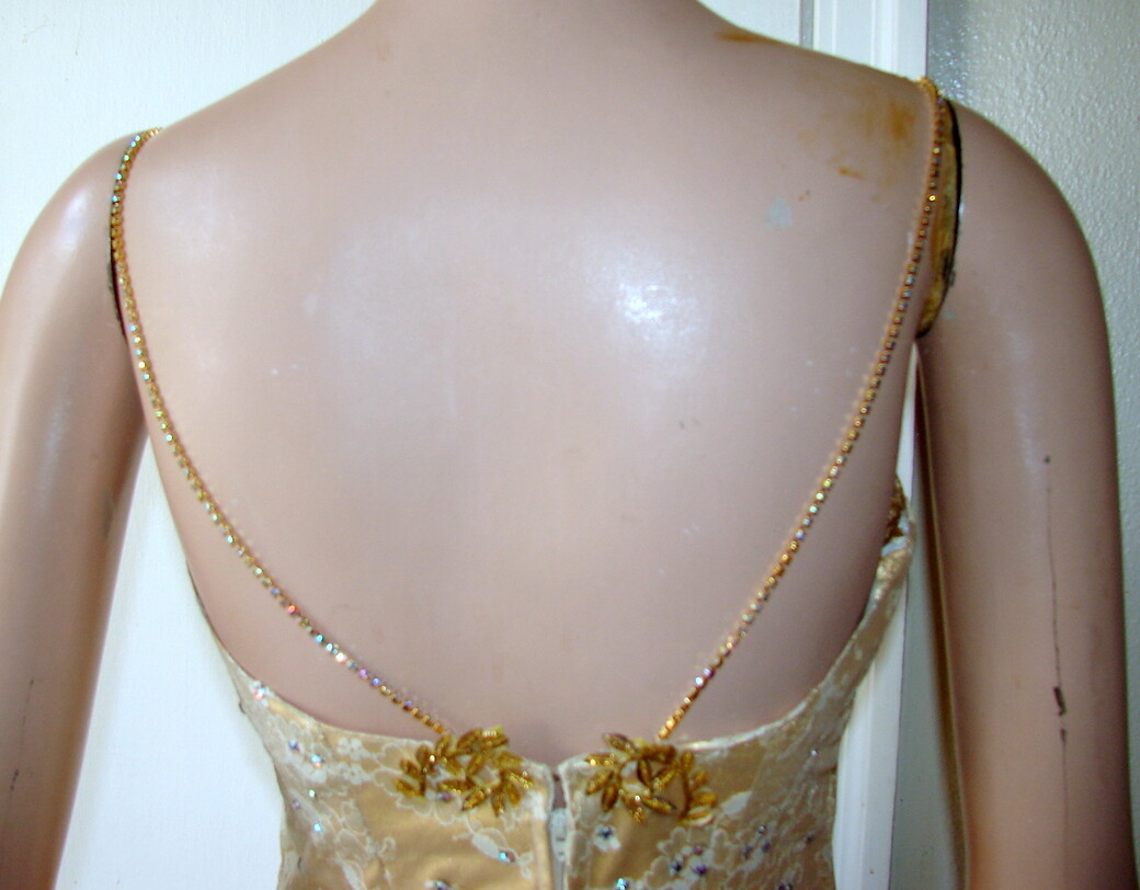 1980s GOLD LONG DRESS w/Lace and Rhinestones; Fancy Trim d1-2