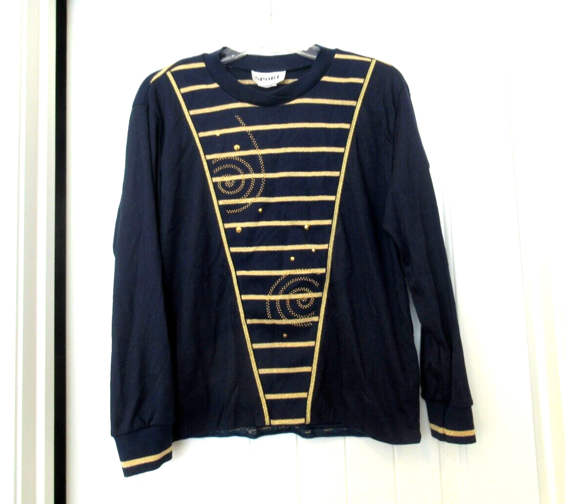 Sunny Sport navy blue and gold sweater, c. 1980s, 42 chest