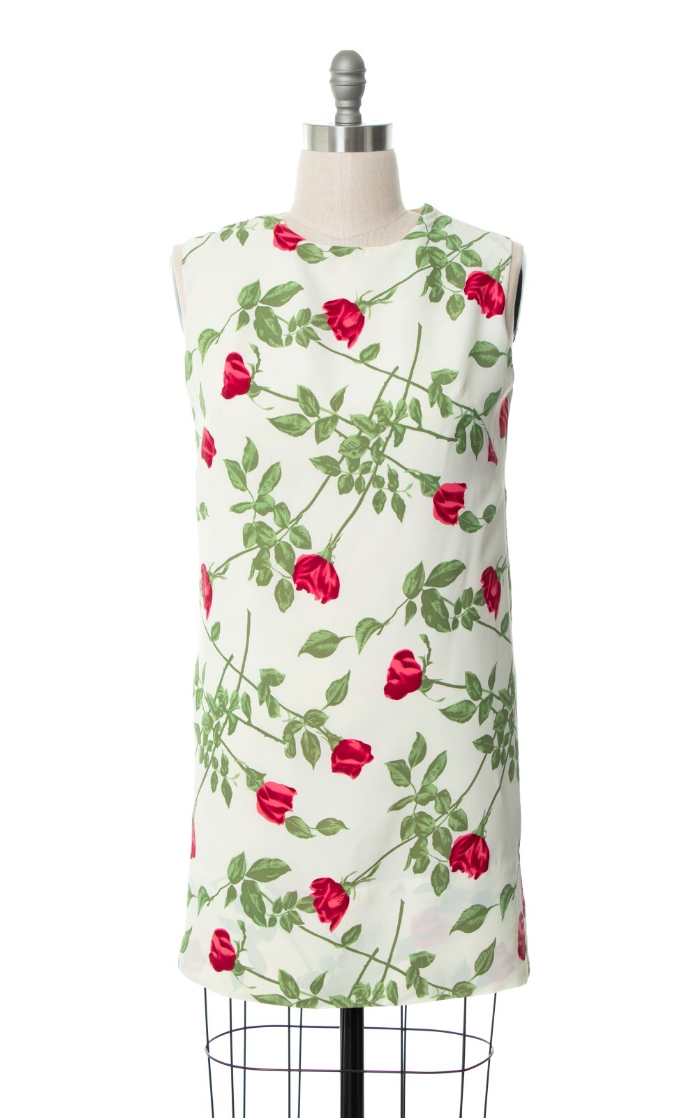 Vintage 1960s 60s Red Rose Stems Floral Printed Dress White Shift Sundress