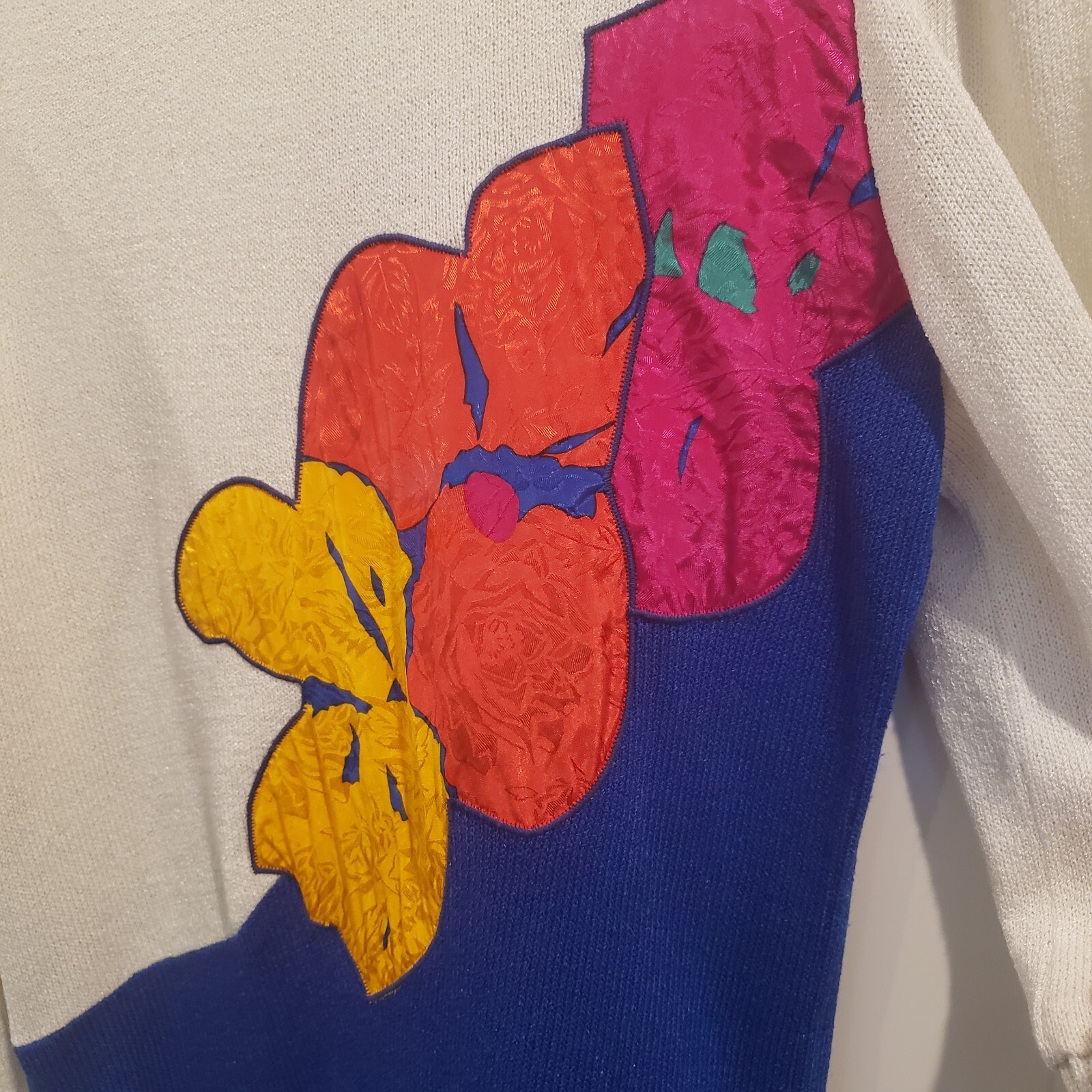 VTG Anthony Sicari Sz 12 80s Sweater Color Block Flowers Blue Red Pink White USA