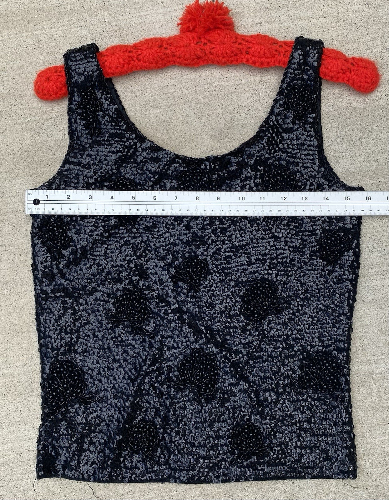 Black Sequin Beaded Wool Top Hong Kong Metal Zip Pinup Glam Tank S 50s 60s Vtg