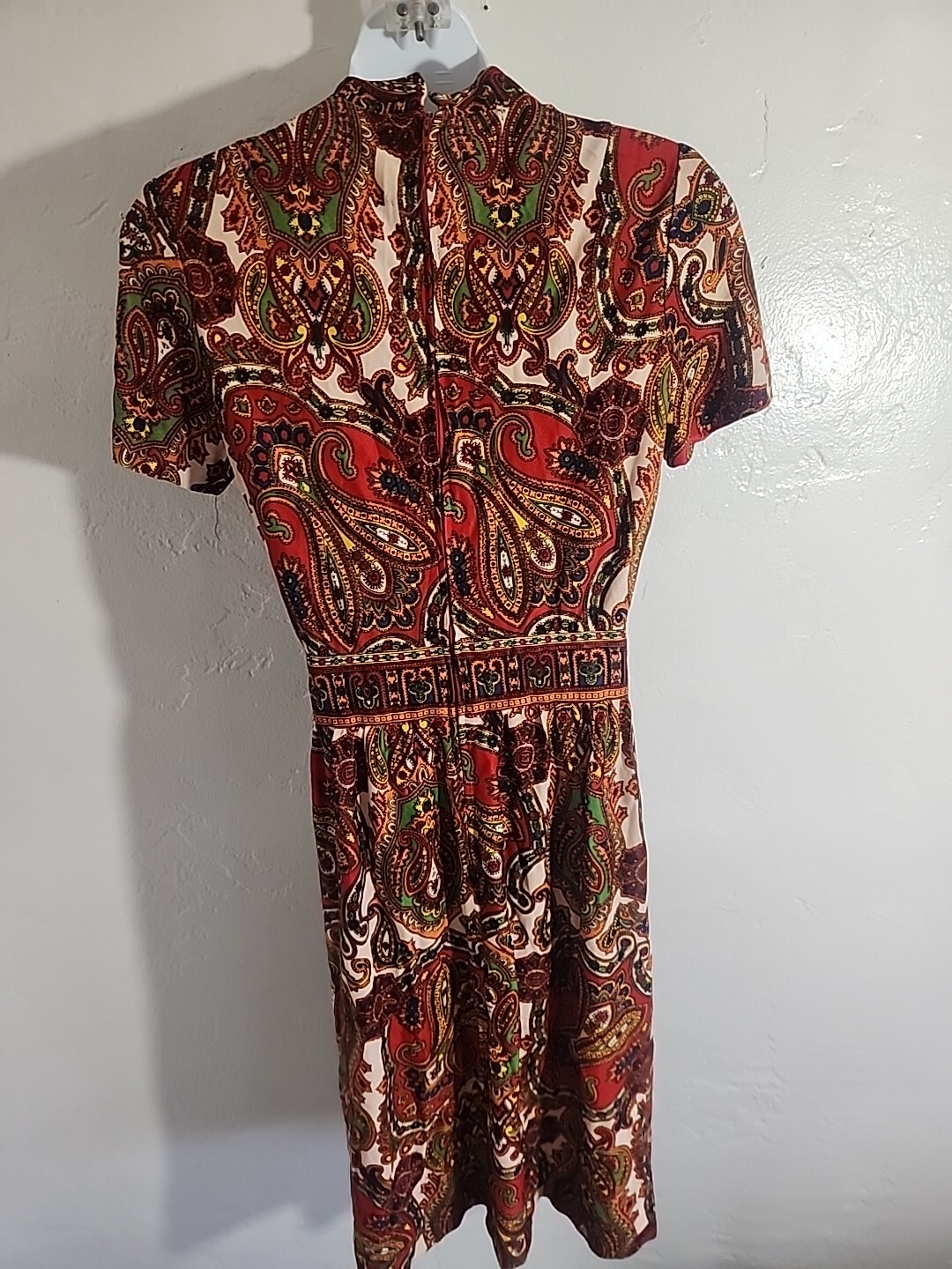 vintage 70’s dress paisly polyester psychedellic jerrie lurie 1970’s hippy 27″ w