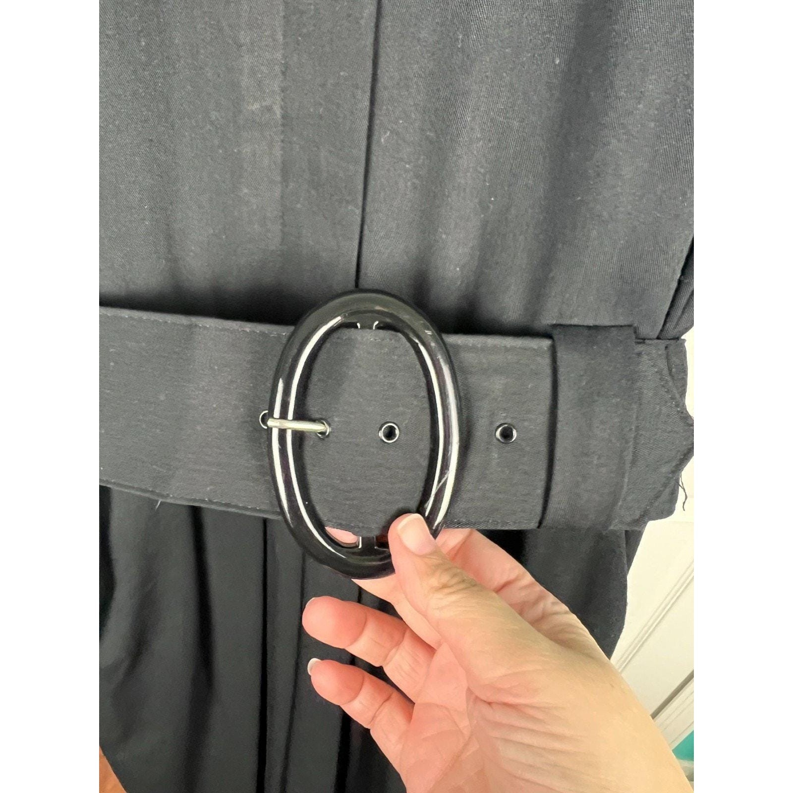 80s Black Belted Midi Dress Pockets Minimalist Career USA Womens 10