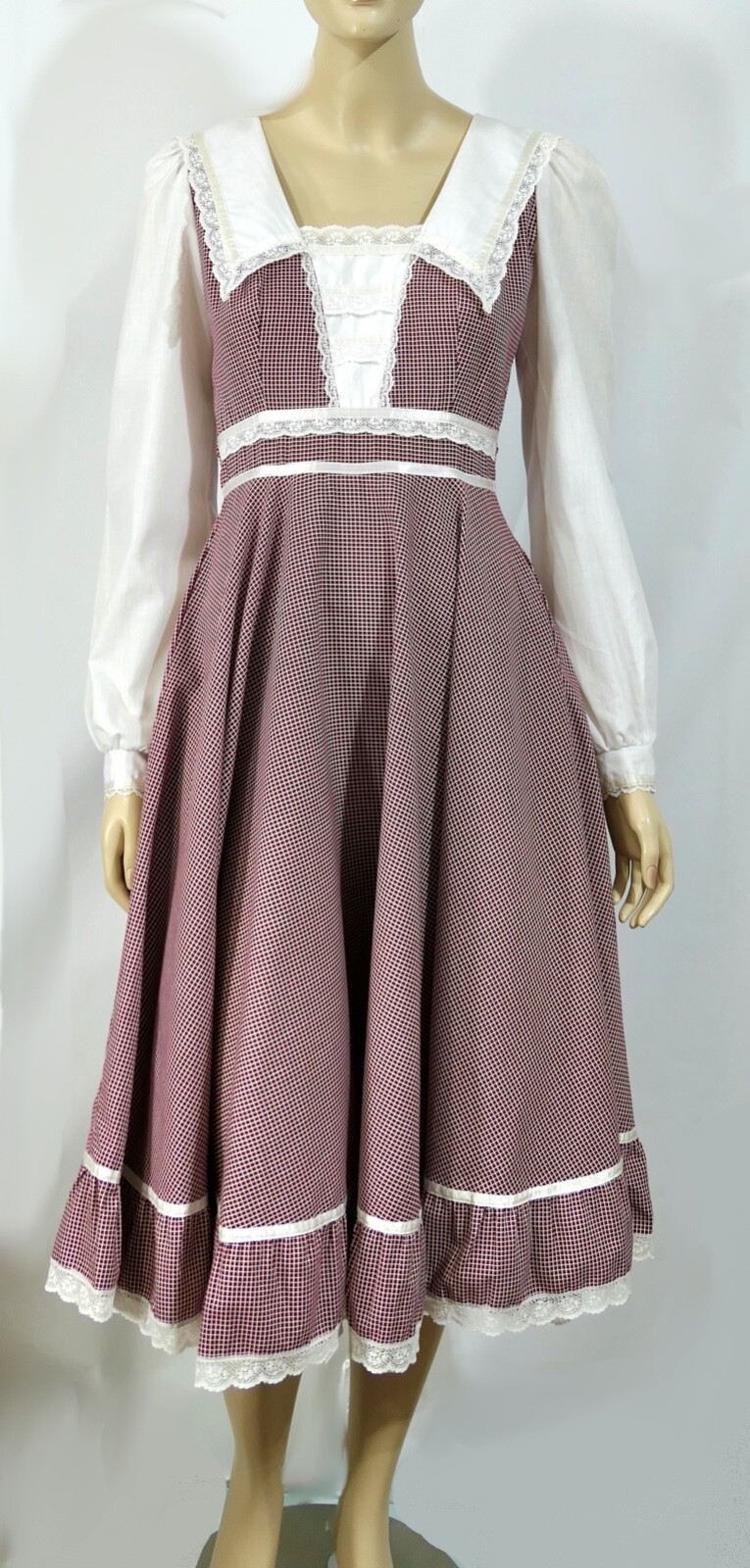 Vintage Gunne Sax Berry Wine Gingham Check Full Prairie Midi Dress XS 7