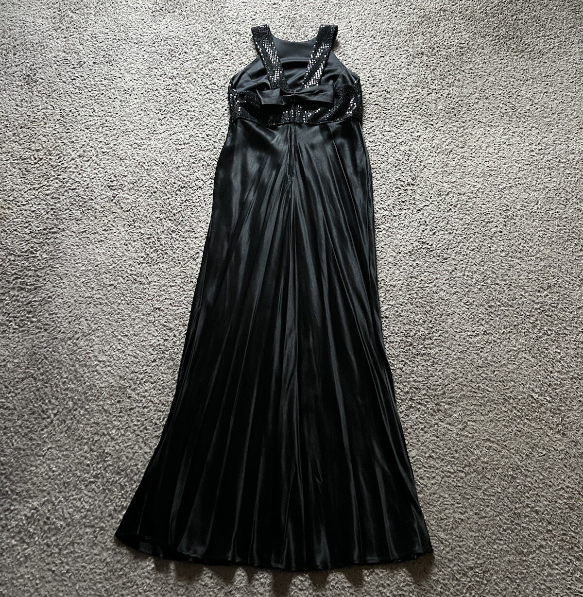 Vintage 90s Y2K Formal Dress Black Sequin Satin Maxi Full Length Made in USA