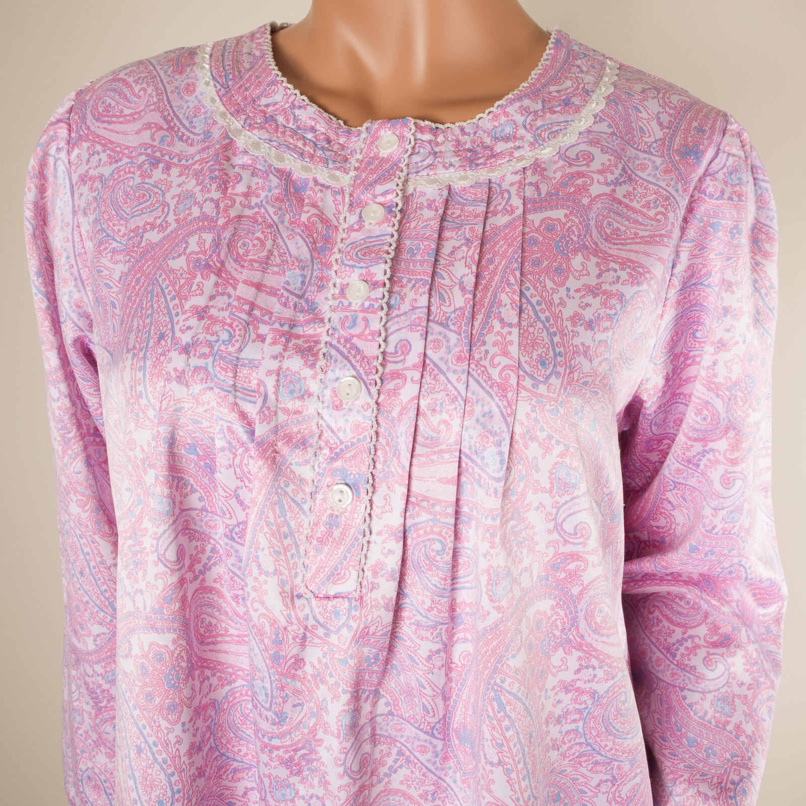 💖 MISS ELAINE Petites Pink Satin Nightgown Paisley Long Sleeve PM