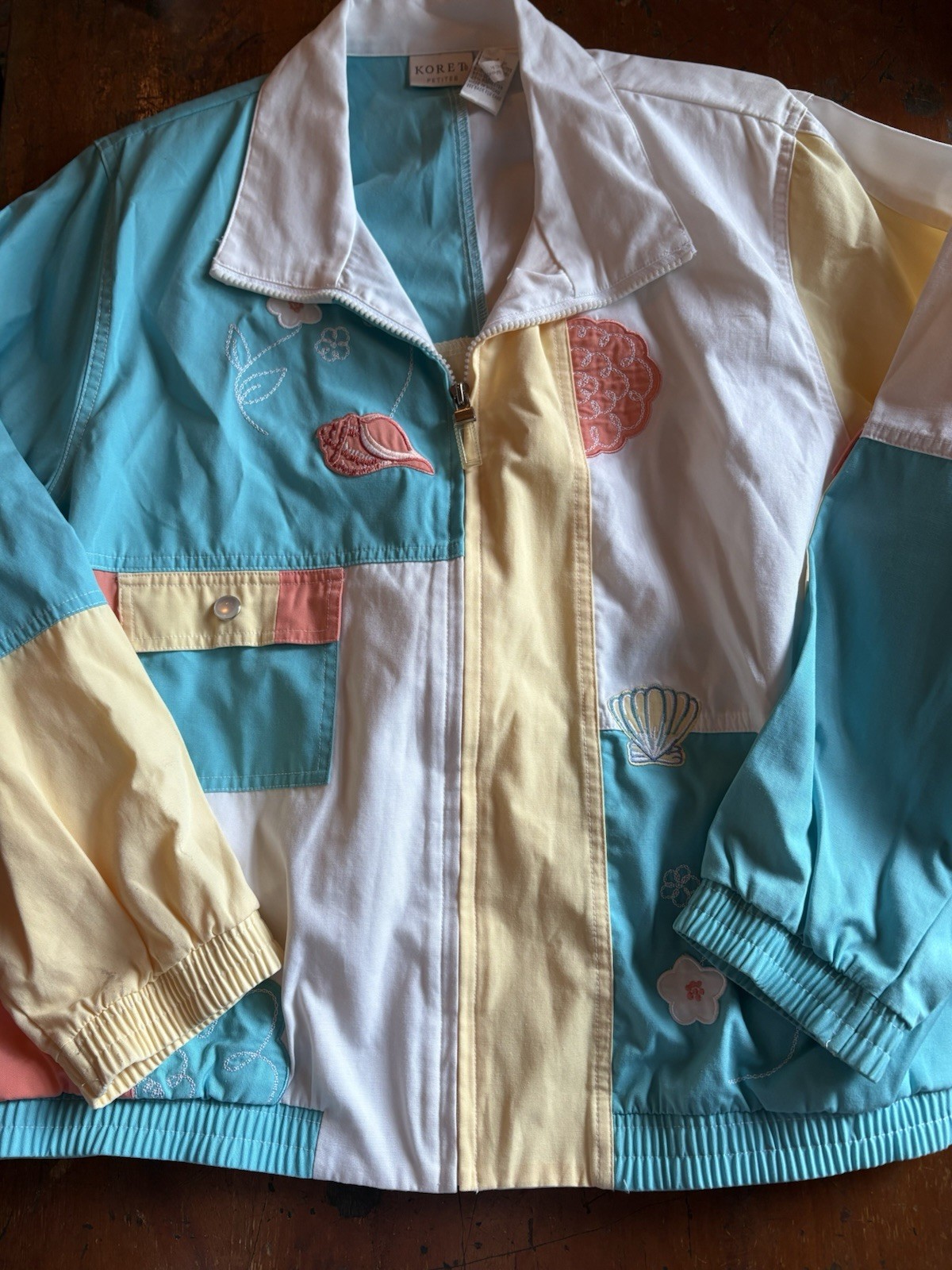 Vintage Koret Pastel Patchwork Embroidered Jacket XL Boho Coastal Grandma Beach