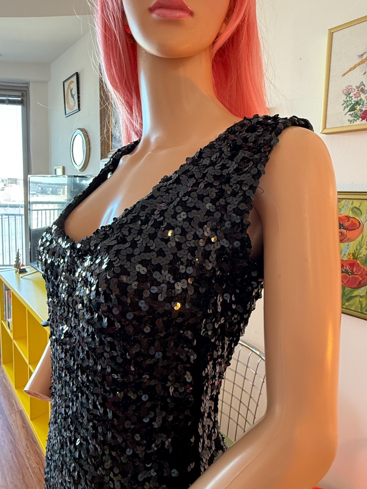 🖤 Vtg 60s Black Knit Bodycon Stretch Hourglass Showgirl Sequin Slit Dress L XL