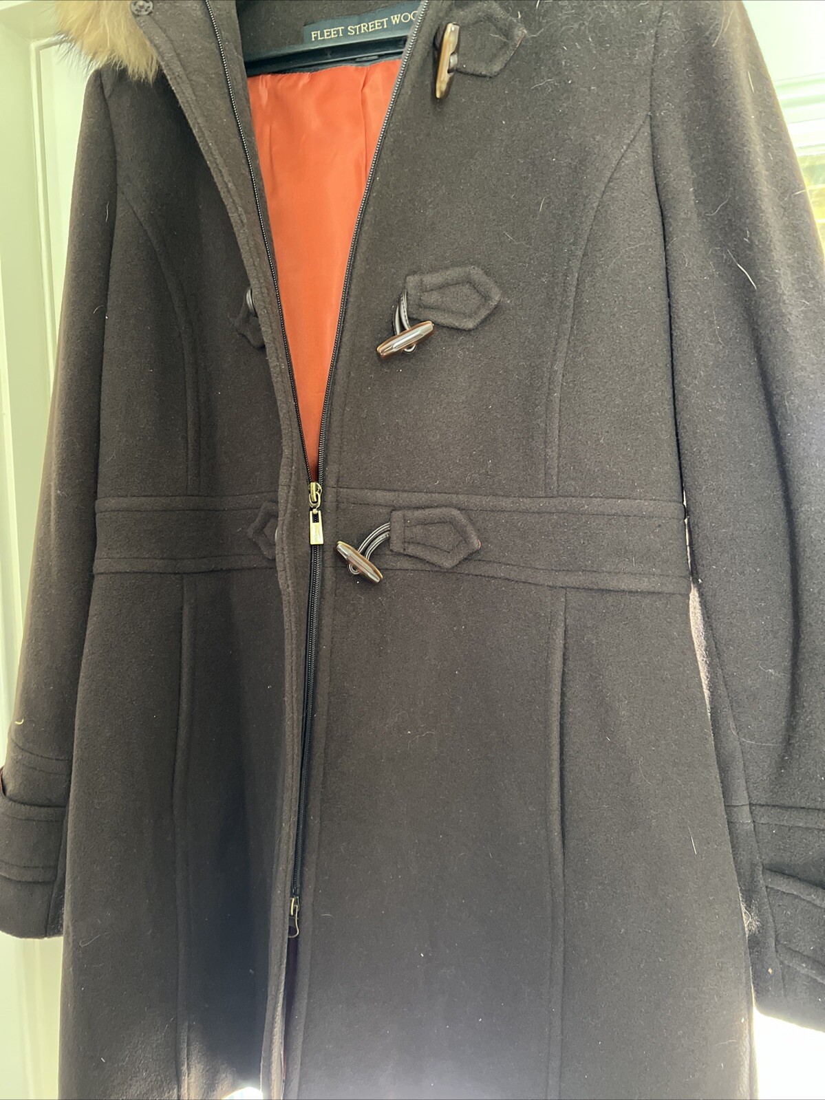 Ladies Fleet Street Brown Wool Coat Size M, Faux Trim Hood