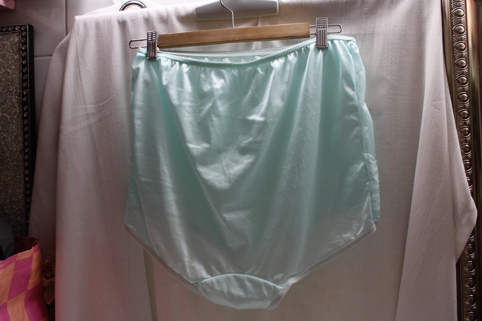 Vint. Sissy Nylo/Spand Baby Green Brief High Waist Tummy Control Silky Panties10