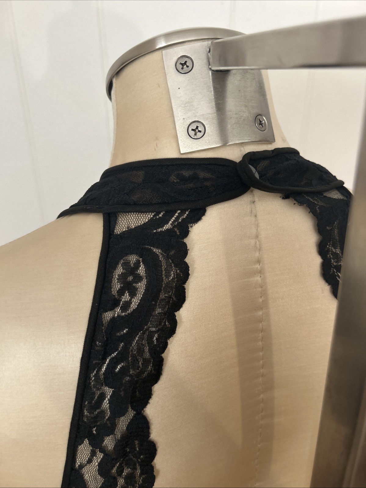 RARE Vtg Glydons Hollywood High Neck Lace Black Nightgown Deep V Low Backless M