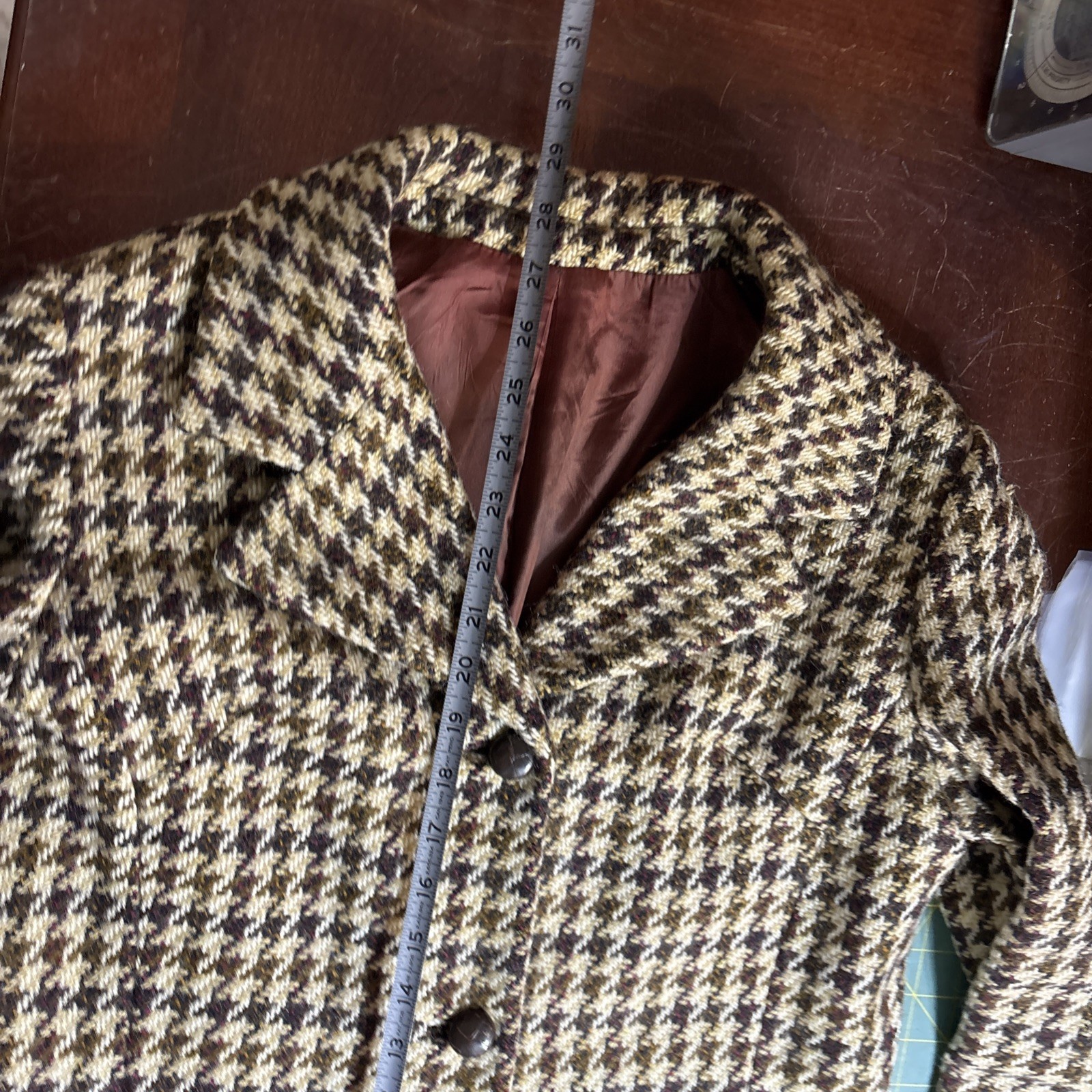 International Ladies Garment Workers Union Brown Beige Wool Houndstooth Coat 60s