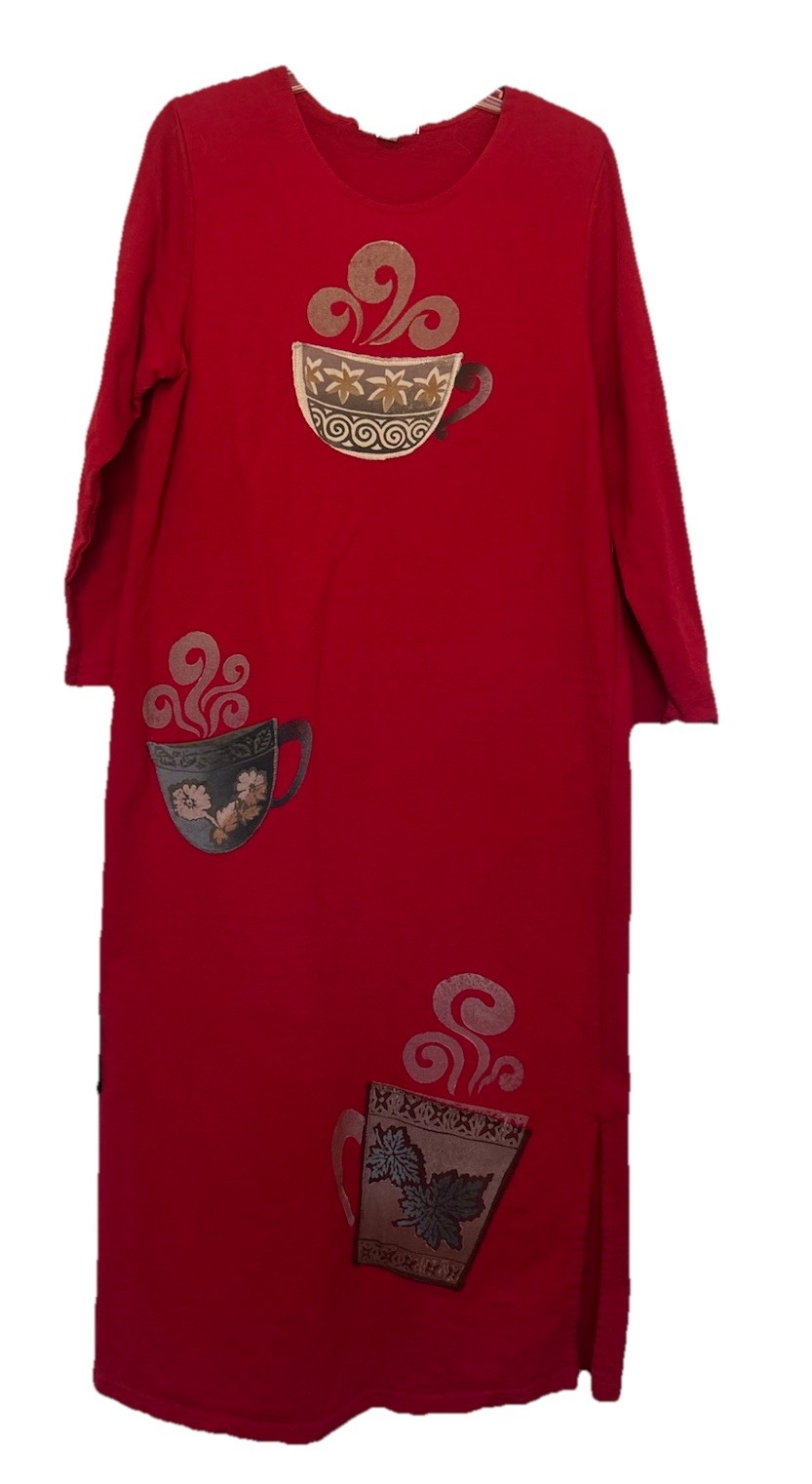 Vtg 1990s Mittu’s Red Sz Large Dress Coffee Cup Embroidered Cotton Maxi Sheath