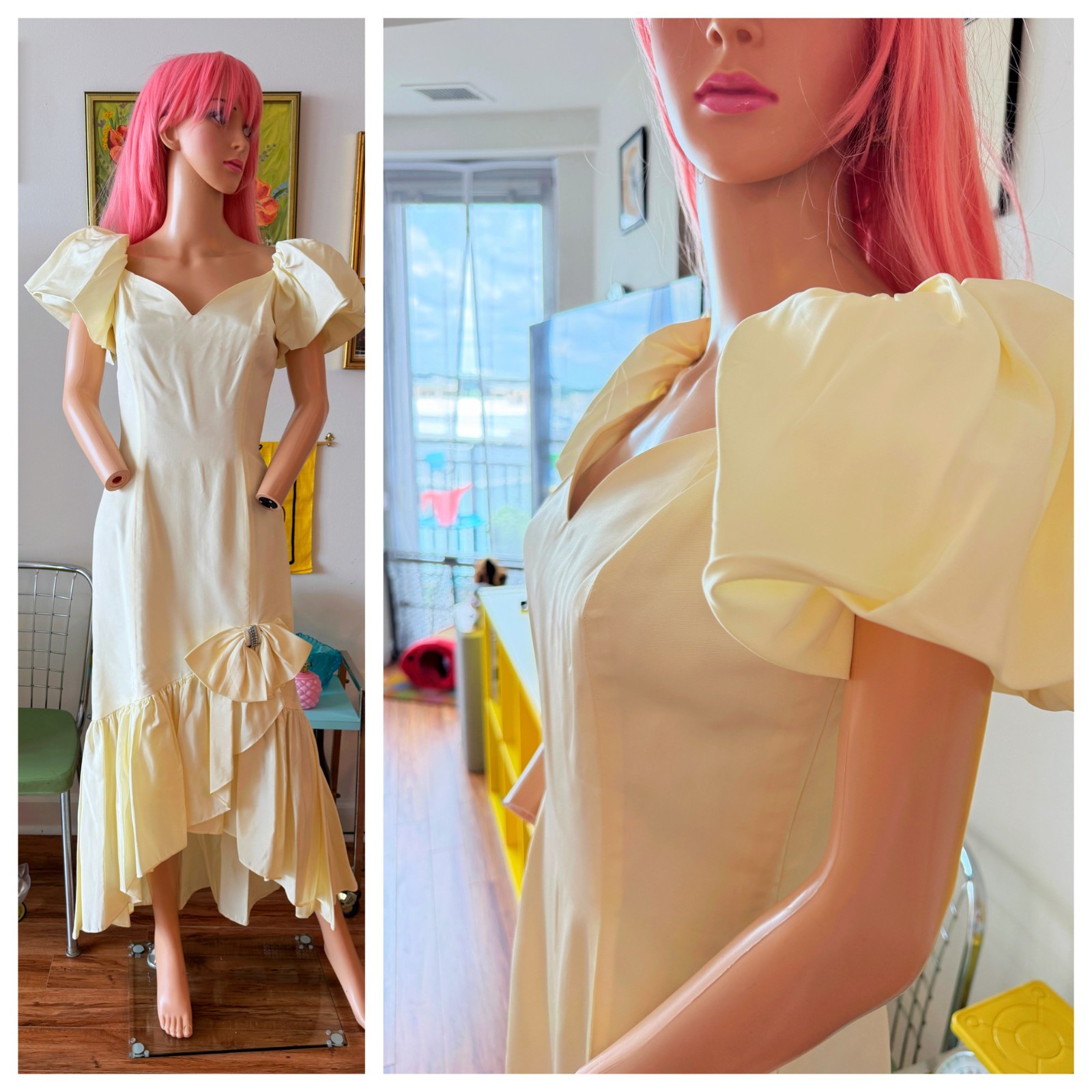 🤍 Vtg 80s Party Prom White Satin Punk Wedding Bridal Ruffle Rhinestone Dress M