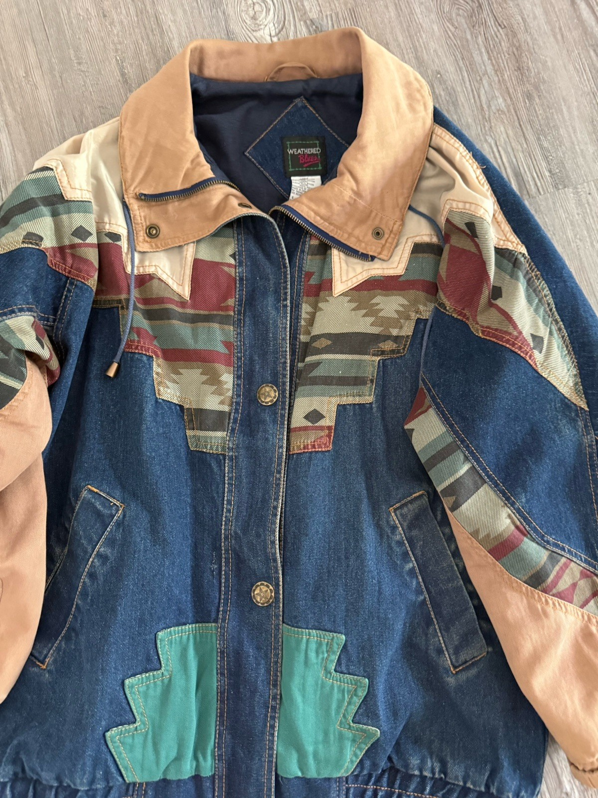 VTG Weathered Blues Izzi Western Denim Jean jacket Southwest Aztec Patchwork L