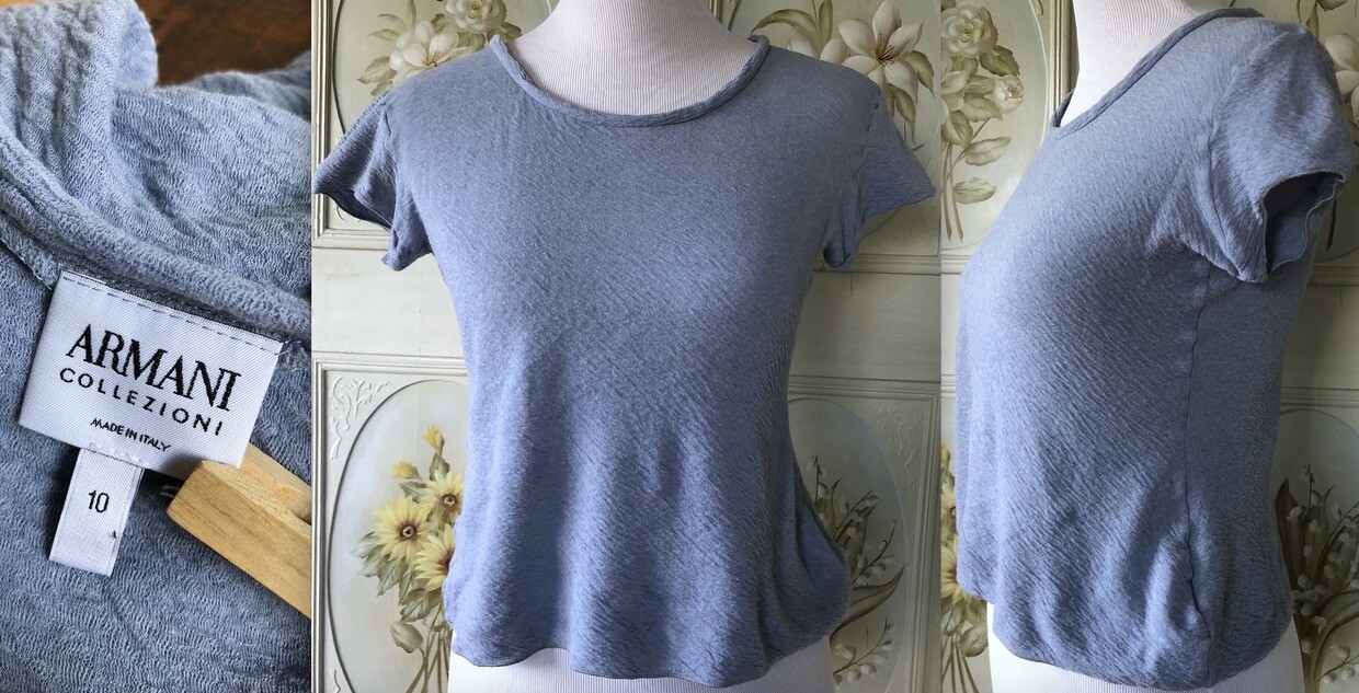 ARMANI COLLEZIONI ITALY CAP SLEEVE WOOL COTTON TOP STRETCH KNIT PALE BLUE 10 EUC