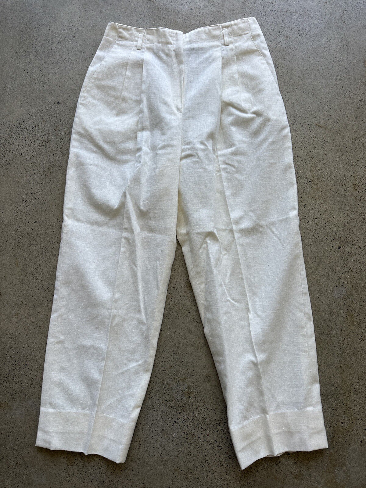 Vintage 70s Panther White Pleated Polyester Rayon & Flax Pants Sz 14 Union Made