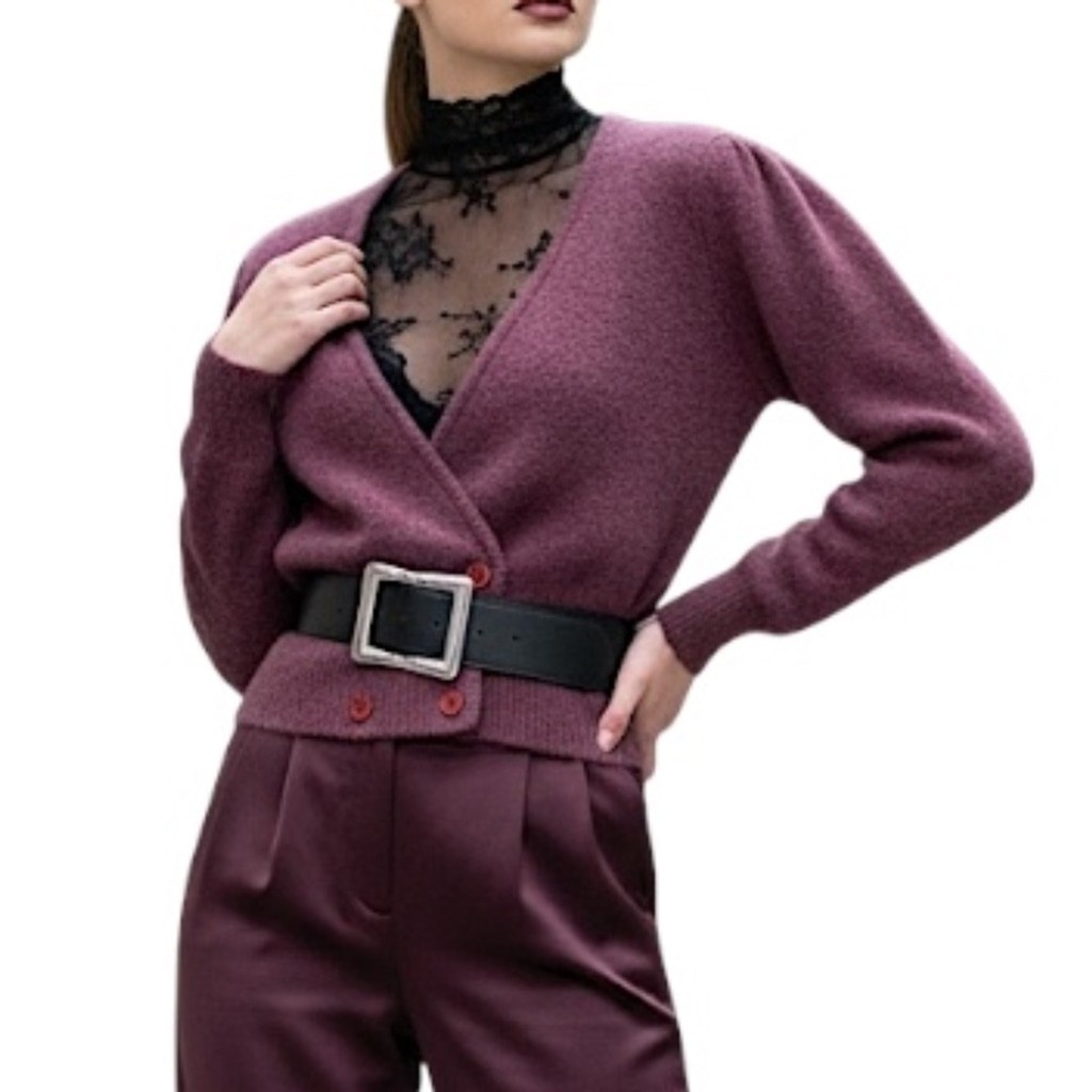 Vintage 90s wool Angora soft fuzzy plum wine puff sleeve cardigan sweater M