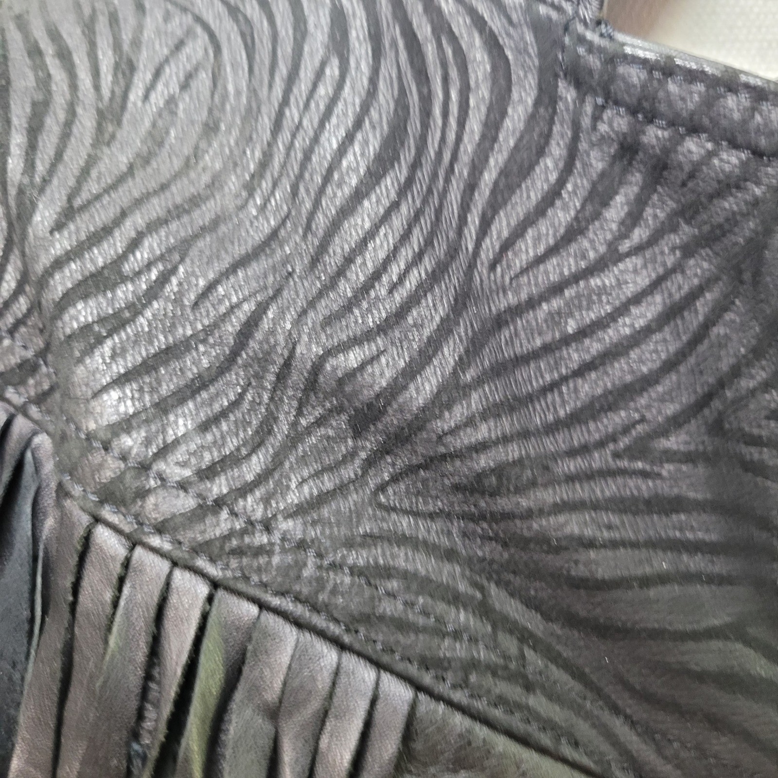 Vintage Black Leather Fringe Western Jacket Zebra Embossed Concho Cropped 90s