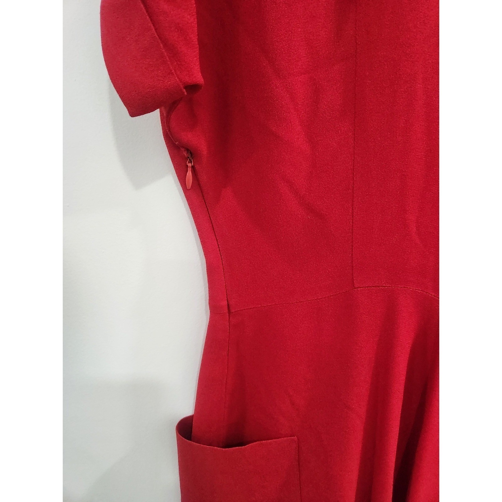 Norma Kamali Vintage Red Pleated V-Neck Midi Dress with Pockets Size 42 US 10