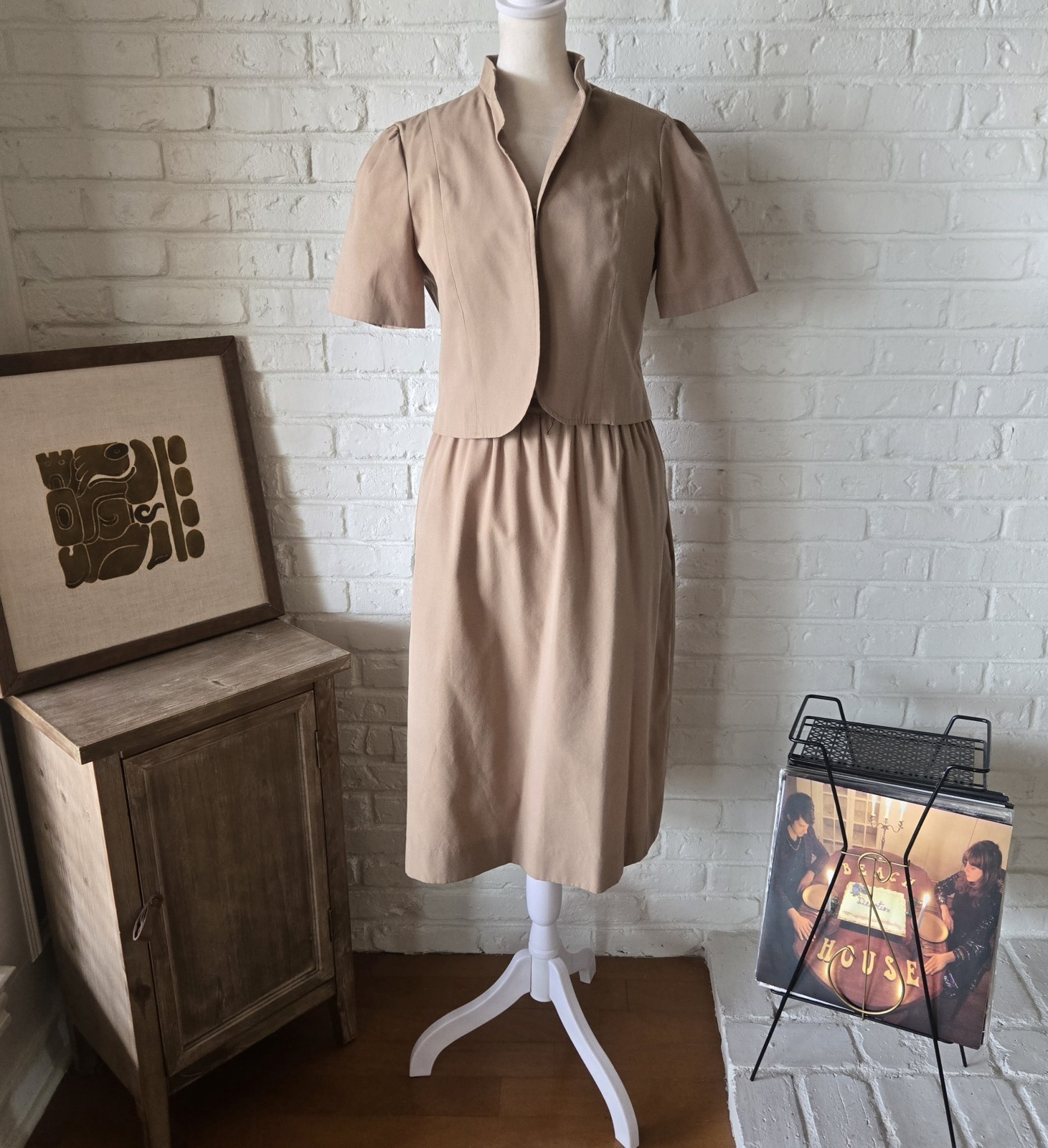 Vtg 70s Tan/Brown 2 Piece Set, Embroidered, Jacket & Dress, Union, M