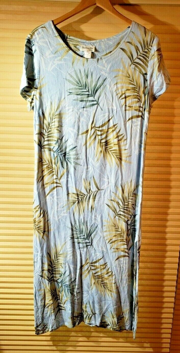 Vintage Bishop St. Light Blue Palm Print Short Sleeve Hawaiian Midi Dress Size M