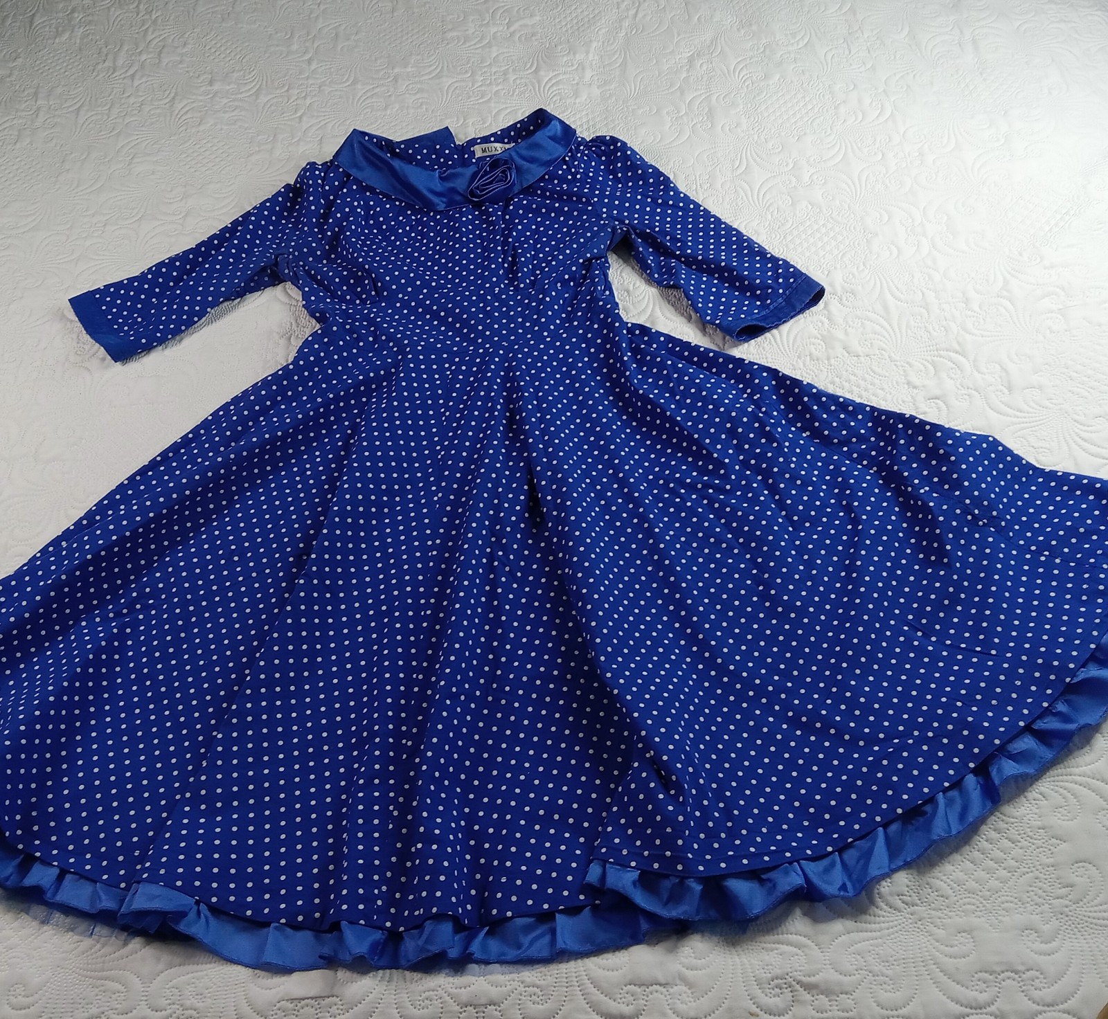 MUXXN Swing Dress Womens 16 Back Zip Satin Collar Fabric Rose Vtg 50s GUC