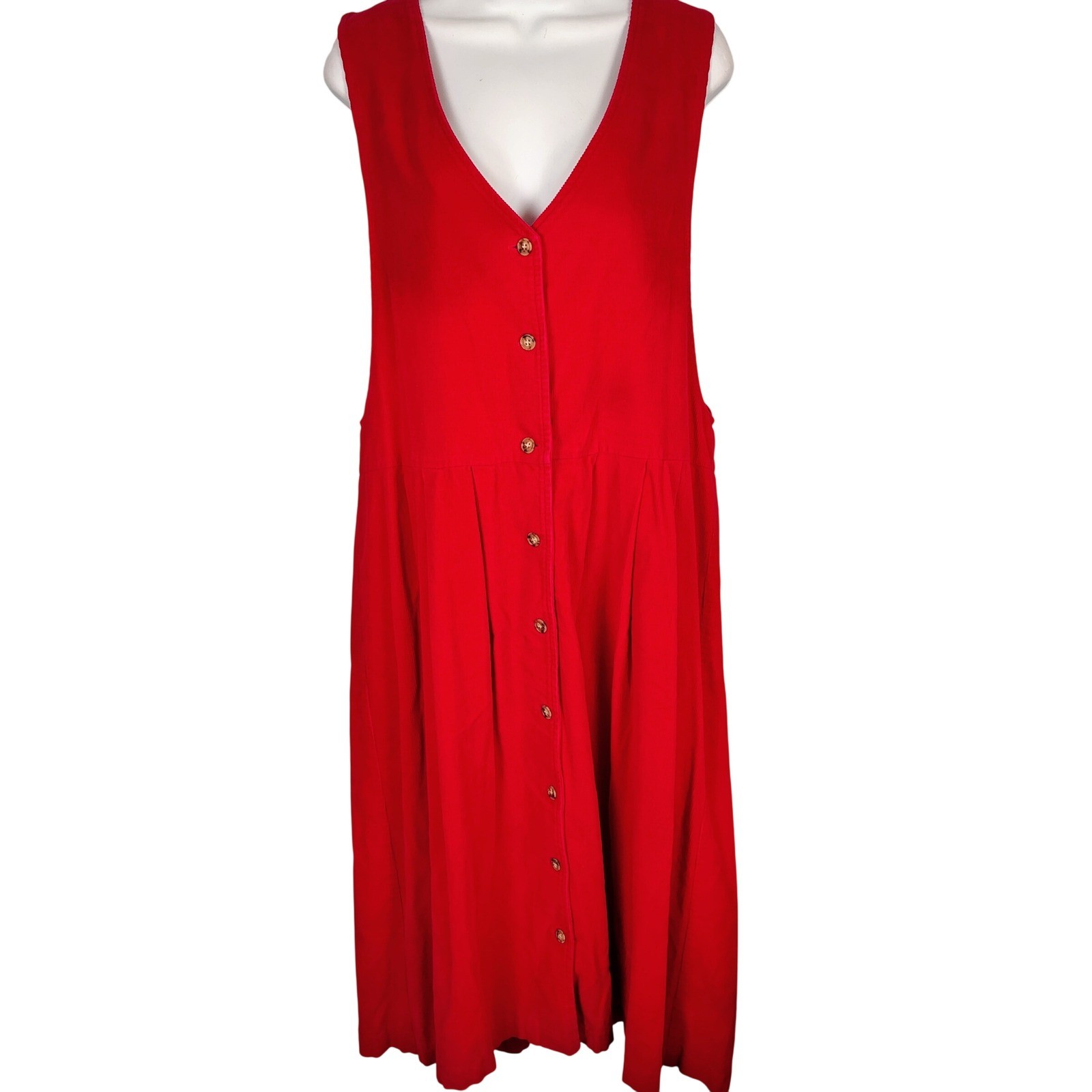 Pam’s Closet Red Corduroy Jumper Dress Button Front Pleated Midi L USA vintage