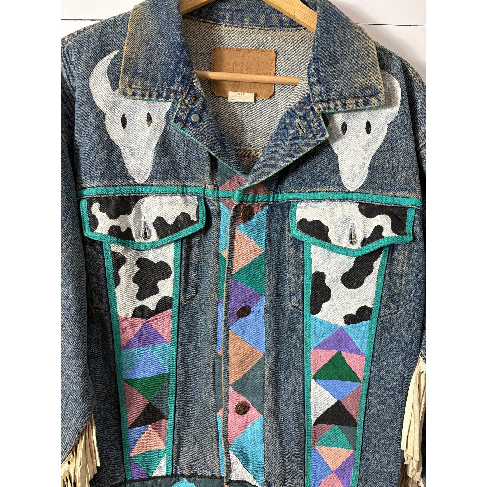 Vintage Gap Denim Jacket Western Southwest Painted Cow Skull Fringe Unique Small