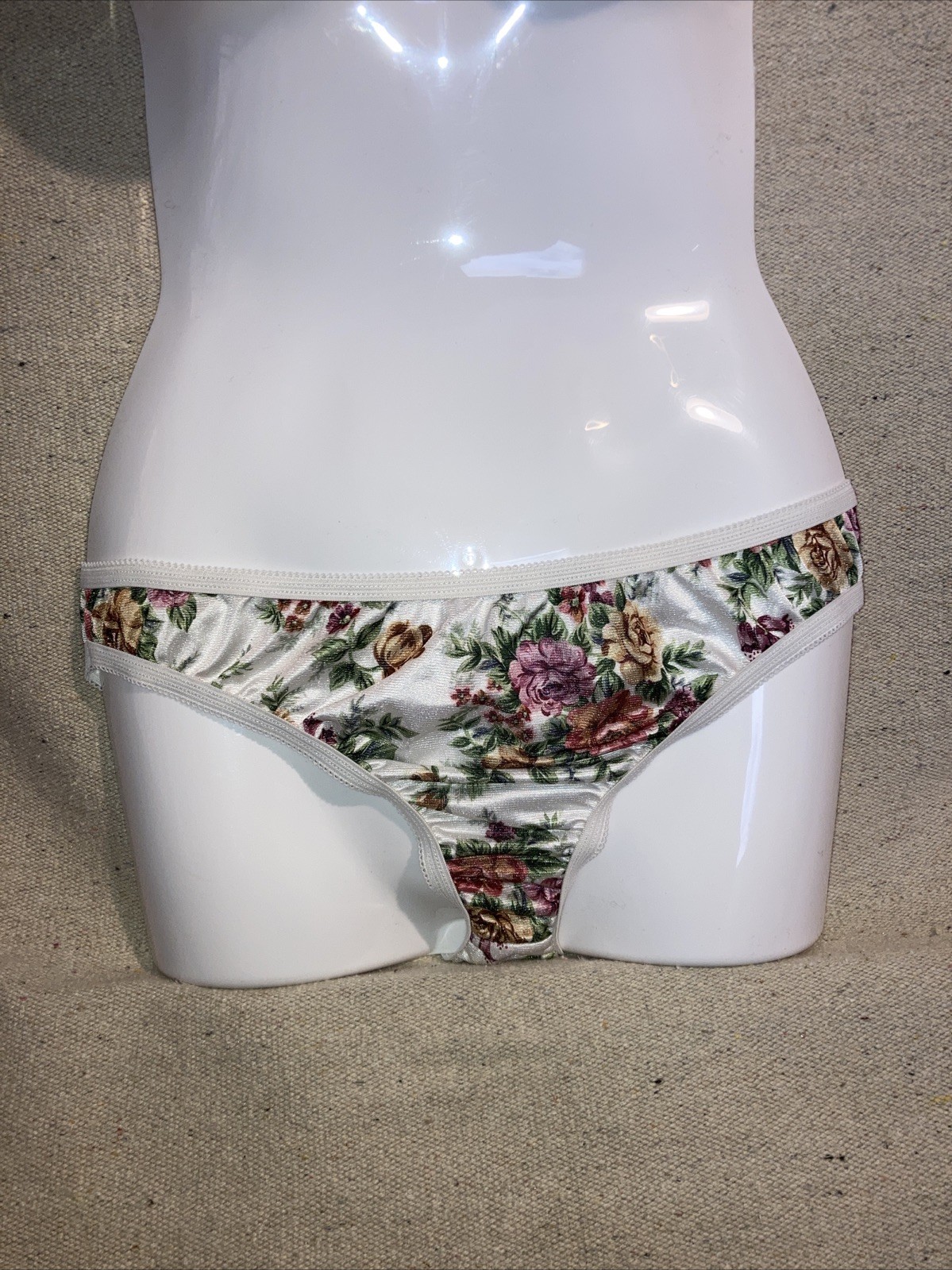 Vintage Petra Rose Garden Print Nylon Satin White Pink Green Panties