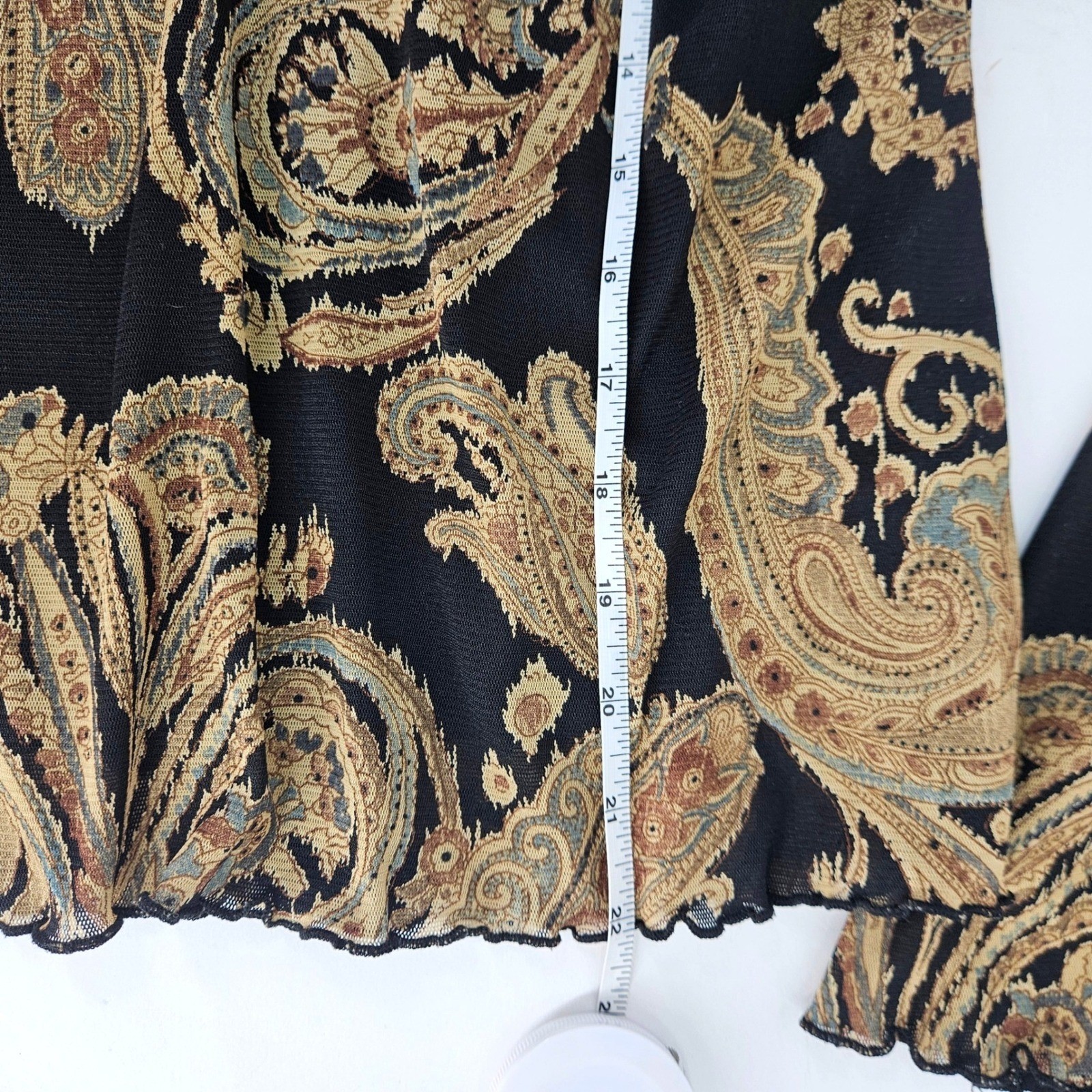 Wet Seal Vtg Y2K Paisley Mesh Long Bell Sleeve Top Black Gold Velvet Curl Trim L
