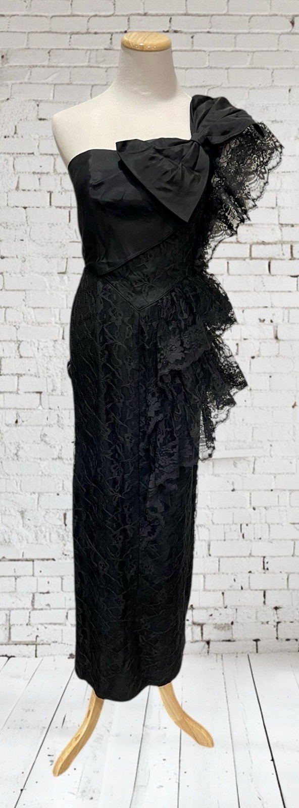 Vtg Climax Karen Okada David Howard Lace Black One Shoulder Bow Party Prom 3/4
