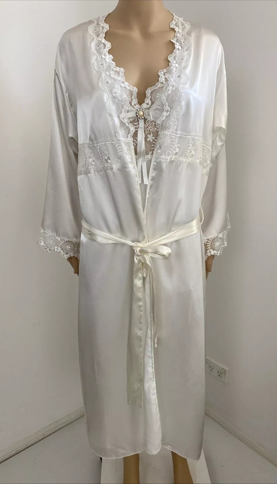 Vintage Espaur XXS-XS / 6-8 Bridal Nightie Negligee Set White Satin Floral Lace
