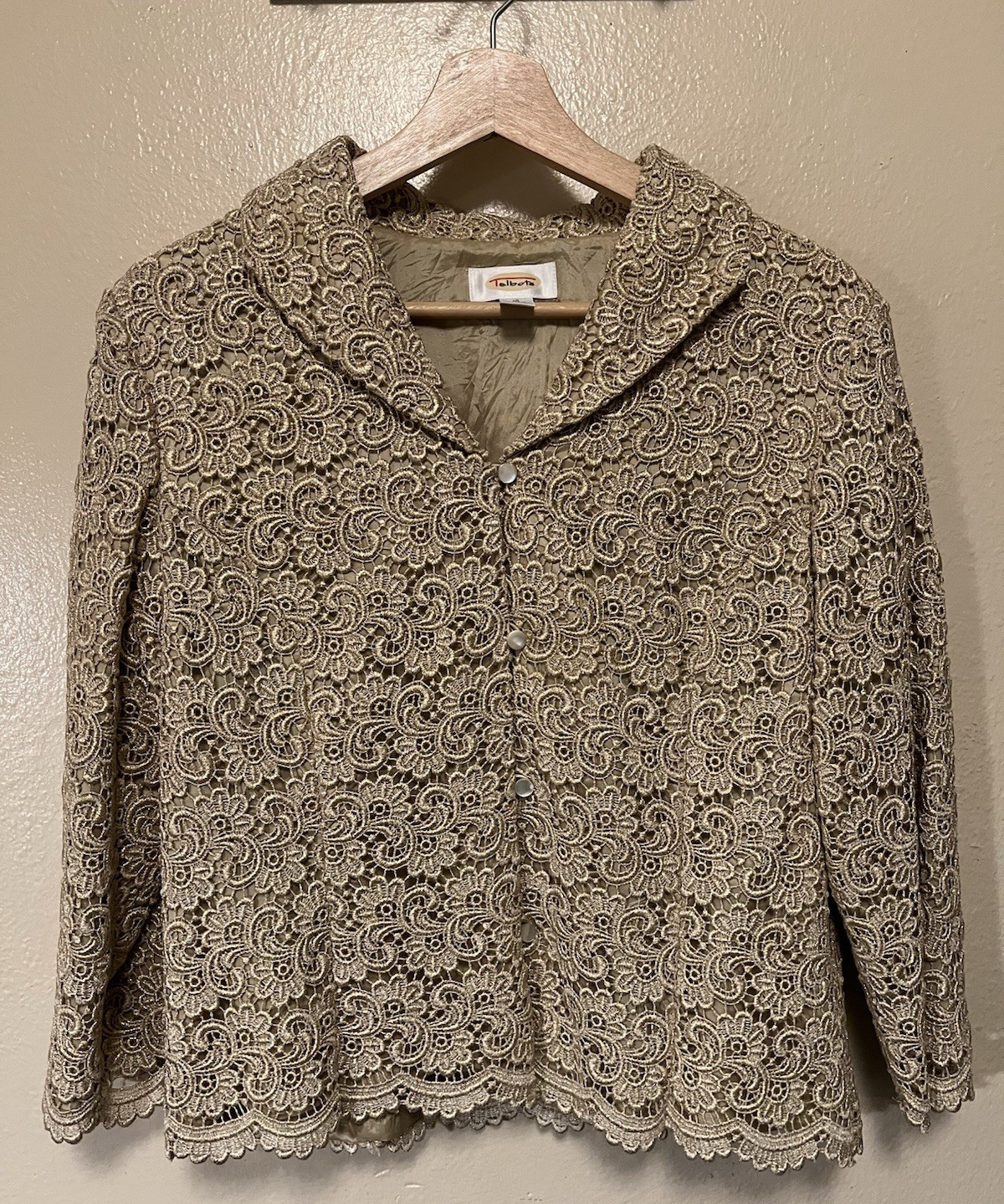 Vintage Talbots Gold Sparkle Lace 3/4 Sleeve Guipure Jacket Lined Women’s Sz 12