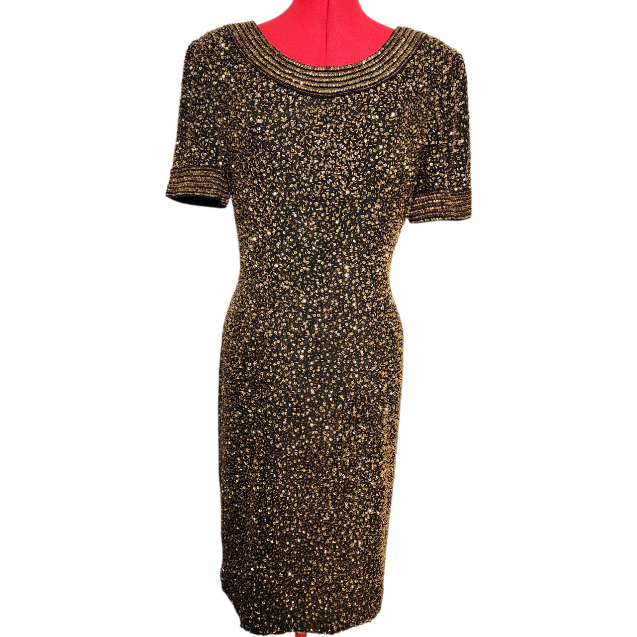 Vintage 1980s NiteLine by Della Roufogali Black Silk Beaded Cocktail Dress Go…