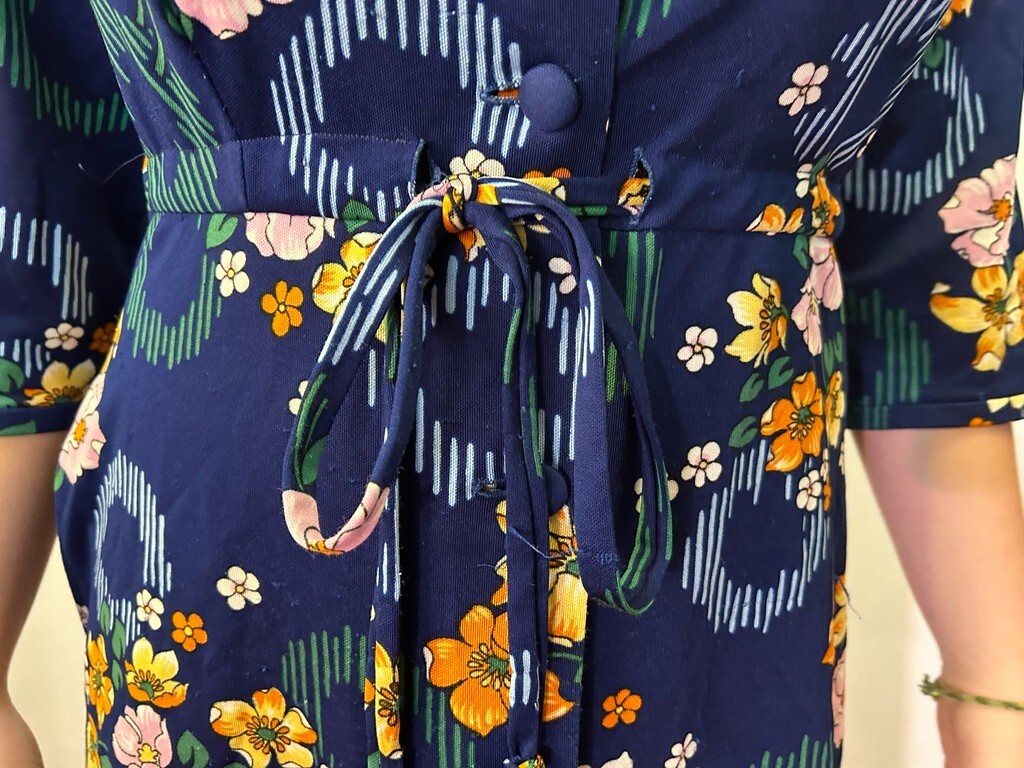 Vintage 1980s Stand Collar Shirt Waist Dress Blue Floral Polyester Buttons AU 14