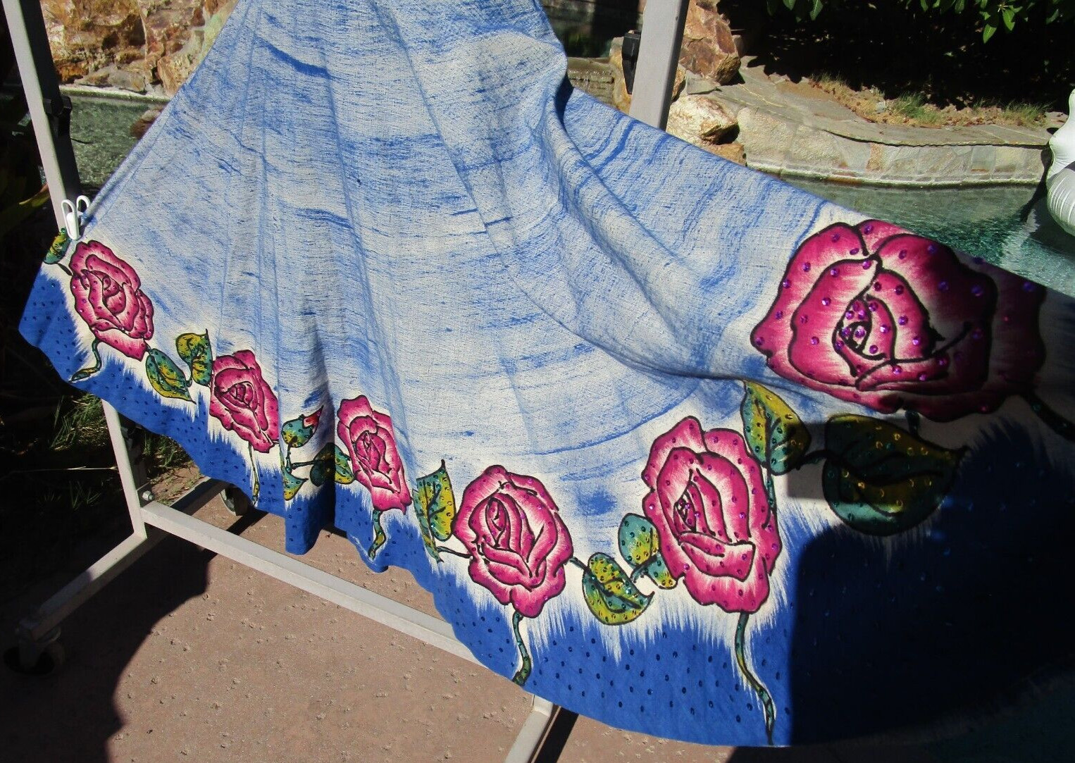 Vintage 1950s Mexican handpainted full dress sequins 36/38″ bust 31″ waist midi