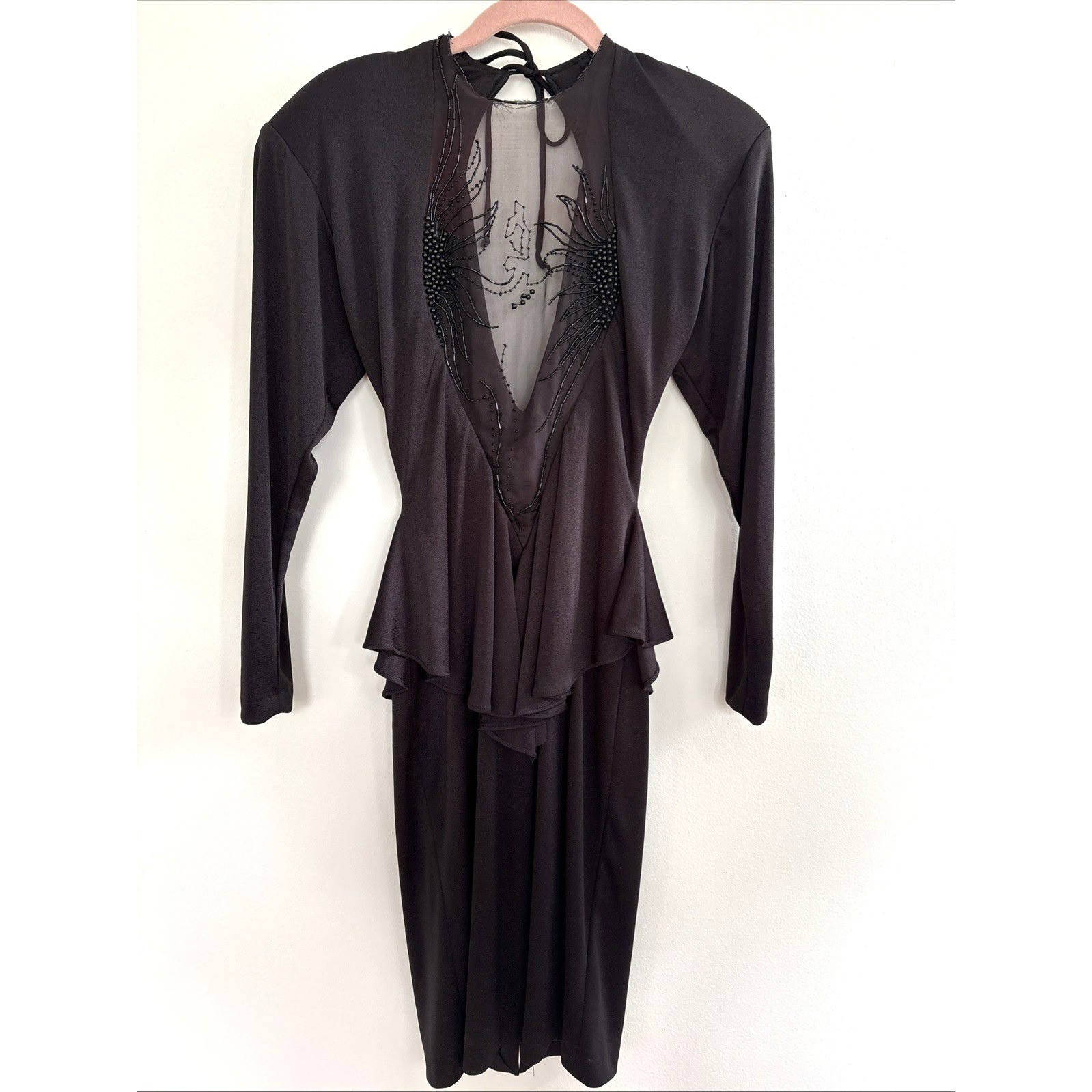 VTG Climax Karen Okada David Howard Black Beaded Peplum Dress 80s 4981 Size 7/8